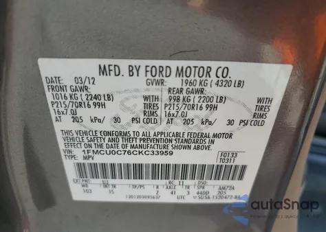 2012 Ford Escape Xls from USA, damaged, VIN 1FMCU0C76CKC33959